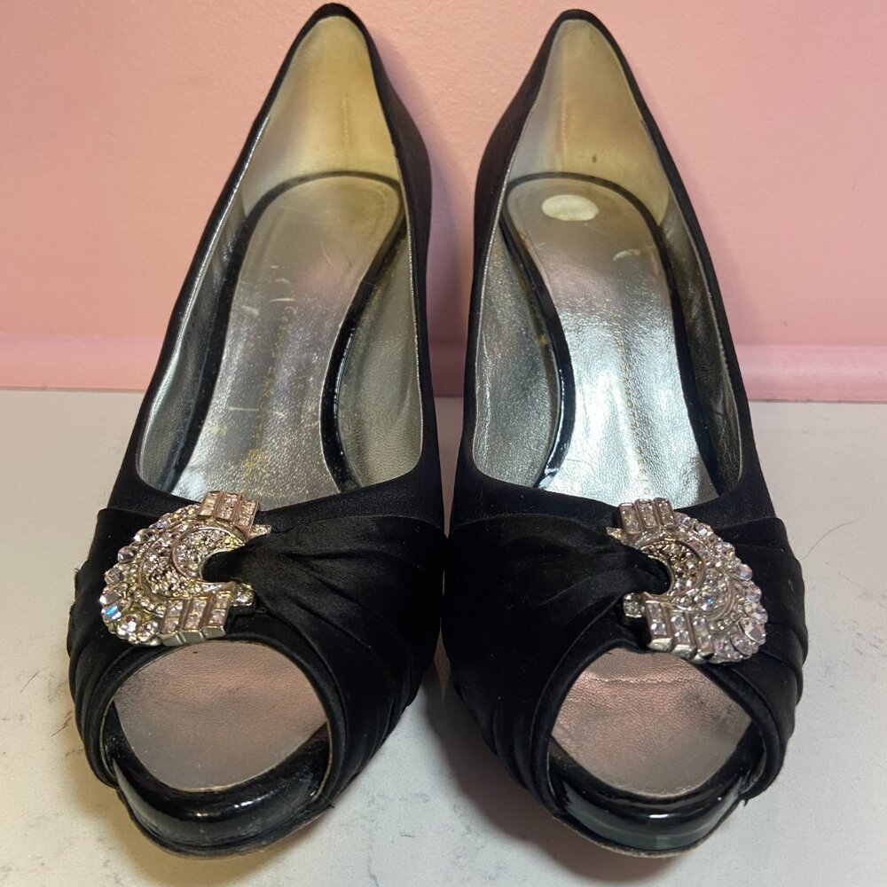 Giuseppe Zanotti Black Satin Open Toe Pumps with Crystal Embellishment - EUR 38